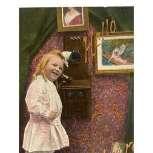 Atq WWI Era Postcard 1916-18 Ephemera Little Girl Talking On Wall Phone Litho